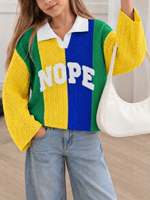 Fashionable Casual American Street Style Autumn/Winter New Colorblock Striped Polo Pullover Sweater For Girl - Multicolor - View 2