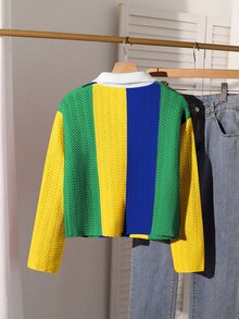 Fashionable Casual American Street Style Autumn/Winter New Colorblock Striped Polo Pullover Sweater For Girl - Multicolor - View 5