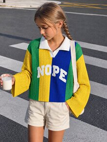 Fashionable Casual American Street Style Autumn/Winter New Colorblock Striped Polo Pullover Sweater For Girl - Multicolor - View 1