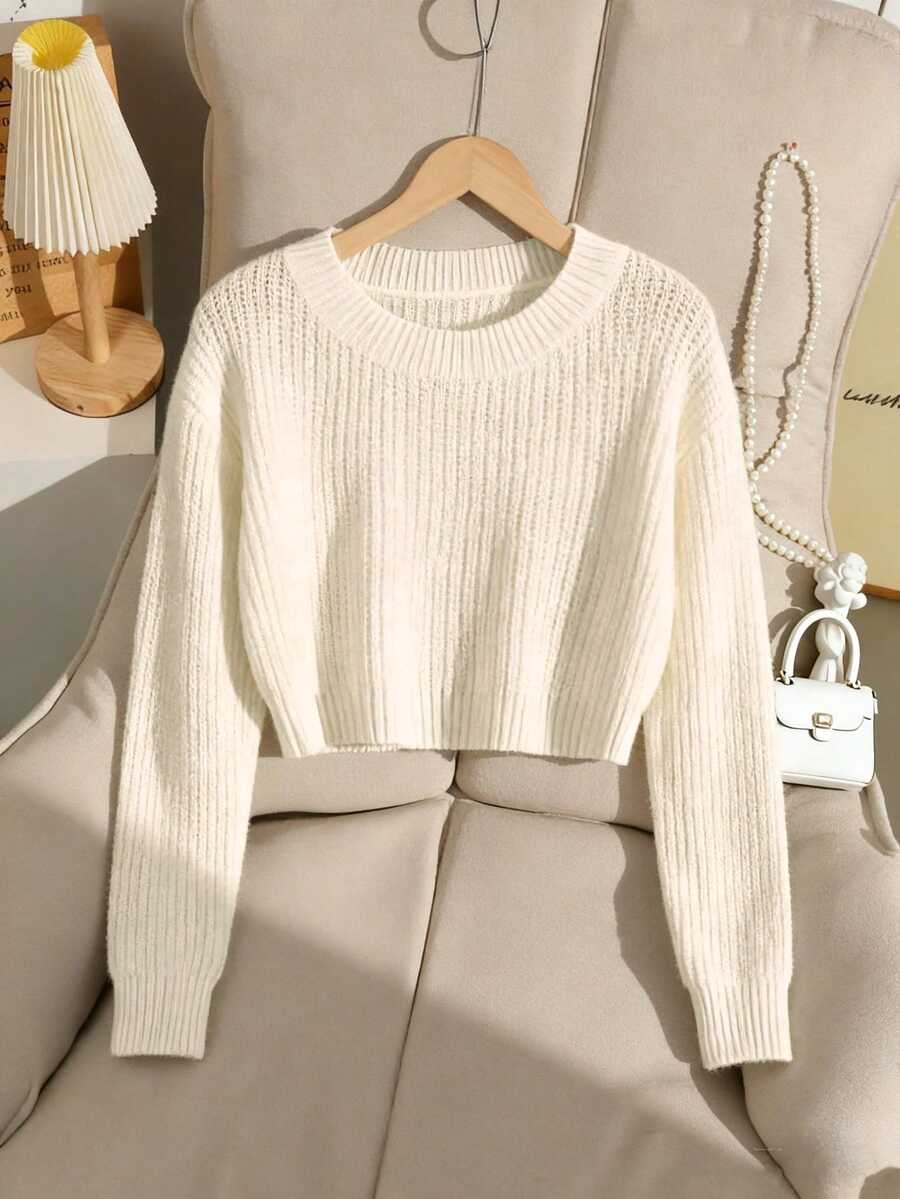 SHEIN Genkimix Kids Tween Girl Casual All-Match Versatile Solid Color Cropped Sweater Autumn Fall Everyday School White Pullover - Apricot - View 1