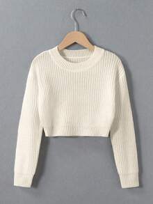 SHEIN Genkimix Kids Tween Girl Casual All-Match Versatile Solid Color Cropped Sweater Autumn Fall Everyday School White Pullover - Apricot - View 8