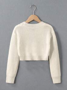 SHEIN Genkimix Kids Tween Girl Casual All-Match Versatile Solid Color Cropped Sweater Autumn Fall Everyday School White Pullover - Apricot - View 3