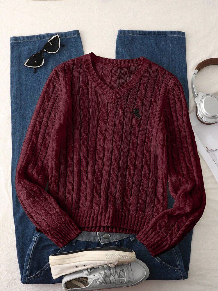 SHEIN 1pc Women's V-Neck Cable Knit Slim Fit Pullover Sweater, Long Sleeve, Black Horse Embroidery On Chest, Spring/Autumn Casual Versatile For Daily Wear - Burgundy - View 1