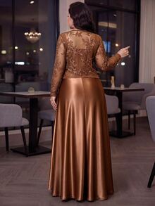 Auveirra Set 2 Potong Gaun Polos dan Kardigan Lengan Panjang untuk Wanita Ukuran Plus - Coffee Brown - View 2