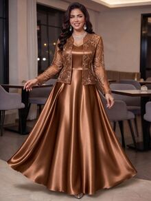 Auveirra Set 2 Potong Gaun Polos dan Kardigan Lengan Panjang untuk Wanita Ukuran Plus - Coffee Brown - View 1