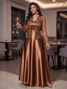 Auveirra Set 2 Potong Gaun Polos dan Kardigan Lengan Panjang untuk Wanita Ukuran Plus - Coffee Brown - View 7