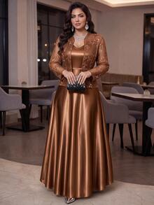 Auveirra Set 2 Potong Gaun Polos dan Kardigan Lengan Panjang untuk Wanita Ukuran Plus - Coffee Brown - View 3