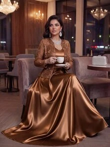 Auveirra Set 2 Potong Gaun Polos dan Kardigan Lengan Panjang untuk Wanita Ukuran Plus - Coffee Brown - View 4