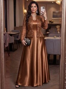 Auveirra Set 2 Potong Gaun Polos dan Kardigan Lengan Panjang untuk Wanita Ukuran Plus - Coffee Brown - View 6