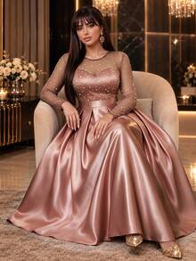 Auveirra Elegant klänning i plus size med mesh, patchwork och rynkad midja för hösten - Brun - Visa 5