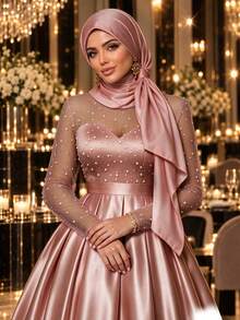 Auveirra Elegant klänning i plus size med mesh, patchwork och rynkad midja för hösten - Brun - Visa 6