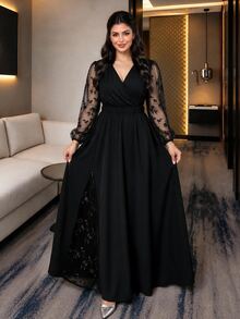 Auveirra 大尺碼優雅 1920 年代風格派對晚宴婚禮賓客刺繡網紗拼接洋裝，黑色，秋季 - 黑色 - 查看 10