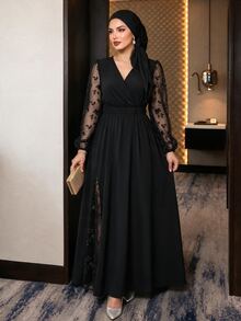 Auveirra 大尺碼優雅 1920 年代風格派對晚宴婚禮賓客刺繡網紗拼接洋裝，黑色，秋季 - 黑色 - 查看 6