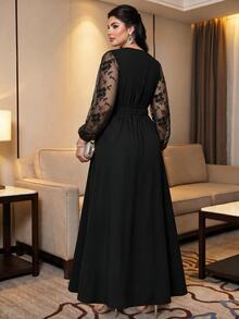 Auveirra 大尺碼優雅 1920 年代風格派對晚宴婚禮賓客刺繡網紗拼接洋裝，黑色，秋季 - 黑色 - 查看 2