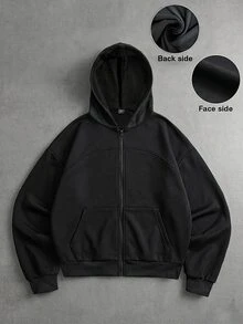 Manfinity Hypemode Men's Solid Color Long Sleeve Zip-Up Casual Hoodie - Black - View 3