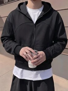 Manfinity Hypemode Men's Solid Color Long Sleeve Zip-Up Casual Hoodie - Black - View 1