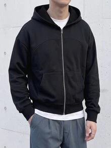 Manfinity Hypemode Men's Solid Color Long Sleeve Zip-Up Casual Hoodie - Black - View 4