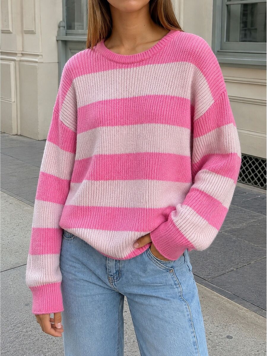 SHEIN Solid Color Casual Lazy Pullover Sweater Girl Round Neck Autumn/Winter New Loose Versatile Knit Crop Top - Pink - View 1
