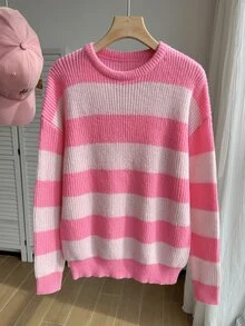 SHEIN 女款純色休閒慵懶圓領套頭針織短版上衣，秋冬新款寬鬆百搭毛衣 - 粉色 - 查看 7