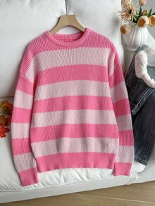 SHEIN 女款純色休閒慵懶圓領套頭針織短版上衣，秋冬新款寬鬆百搭毛衣 - 粉色 - 查看 6