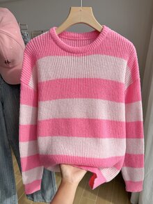 SHEIN 女款純色休閒慵懶圓領套頭針織短版上衣，秋冬新款寬鬆百搭毛衣 - 粉色 - 查看 4