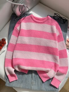 SHEIN 女款純色休閒慵懶圓領套頭針織短版上衣，秋冬新款寬鬆百搭毛衣 - 粉色 - 查看 9