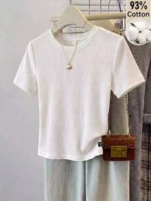 Muvela 93%棉休閒極簡風真刺繡小徽章大學風羅紋圓領短袖寬鬆女款T恤，適合春夏，百搭風格，運動季節 - 黑色 - 查看 1