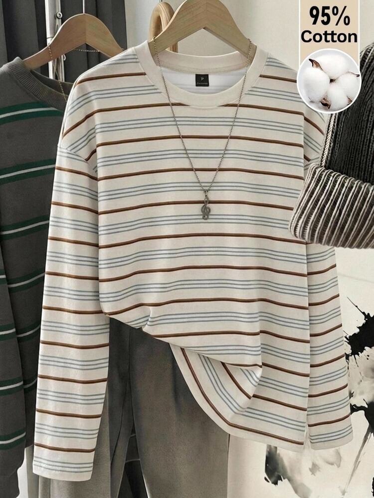 Muvela 95% Cotton Casual Striped Crew Neck Long Sleeve Loose Fit T-Shirt Elegant, Casual, And Stylish Modern Urban Fashion Business Casual Office Wear - Multicolor - View 1