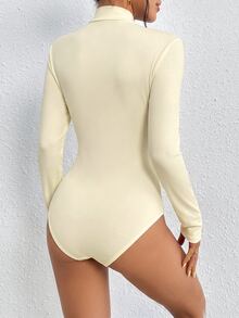 SHEIN بودي نسائي بلون موحد وياقة واقفة كاجوال للاستخدام اليومي بأكمام طويلة - بيج - مشاهدة 2