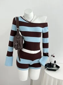 StreetHx Women's Casual Versatile Fitted Color-Block Striped Daily Commute Outfit Autumn/Winter Asymmetrical Shoulder Sweater 2 Pieces Set - Multicolor - View 5