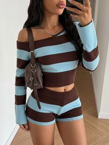 StreetHx Women's Casual Versatile Fitted Color-Block Striped Daily Commute Outfit Autumn/Winter Asymmetrical Shoulder Sweater 2 Pieces Set - Multicolor - View 1