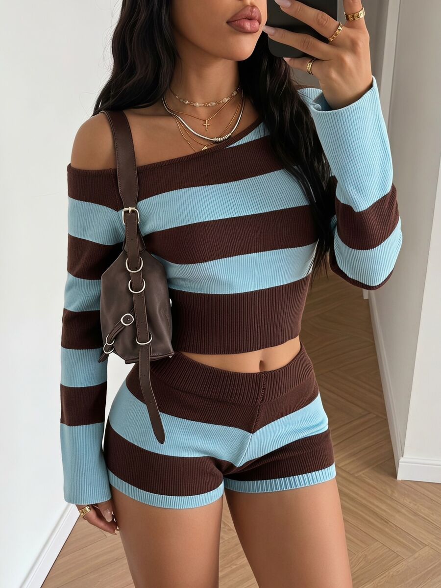 StreetHx Women's Casual Versatile Fitted Color-Block Striped Daily Commute Outfit Autumn/Winter Asymmetrical Shoulder Sweater 2 Pieces Set - Multicolor - View 1