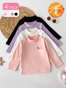 SHEIN 4件組幼童女童長袖假領上衣，可愛甜美粉色白色紫色黑色貓咪刺繡蝴蝶結，修身款，適合派對與秋季 - 彩色 - 查看 4