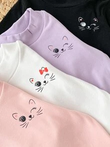 SHEIN 4件組幼童女童長袖假領上衣，可愛甜美粉色白色紫色黑色貓咪刺繡蝴蝶結，修身款，適合派對與秋季 - 彩色 - 查看 6