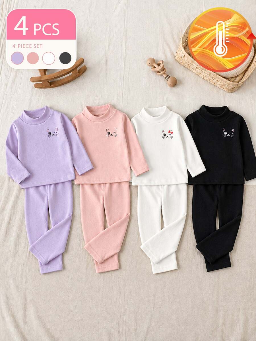 SHEIN 4件組幼童女童長袖假領上衣,可愛甜美粉色白色紫色黑色貓咪刺繡蝴蝶結,修身款,適合派對與秋季 - 彩色 - 查看 1