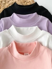 SHEIN 4件組幼童女童長袖假領上衣，可愛甜美粉色白色紫色黑色貓咪刺繡蝴蝶結，修身款，適合派對與秋季 - 彩色 - 查看 5