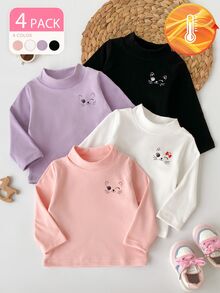 SHEIN 4件組幼童女童長袖假領上衣，可愛甜美粉色白色紫色黑色貓咪刺繡蝴蝶結，修身款，適合派對與秋季 - 彩色 - 查看 3