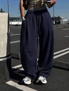 DAZY Solid Color Loose Pleated Long Pants, Casual Sports Sweatpants For Women, Spring Fall - Navy Blue - View 5