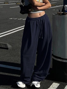 DAZY Solid Color Loose Pleated Long Pants, Casual Sports Sweatpants For Women, Spring Fall - Navy Blue - View 6