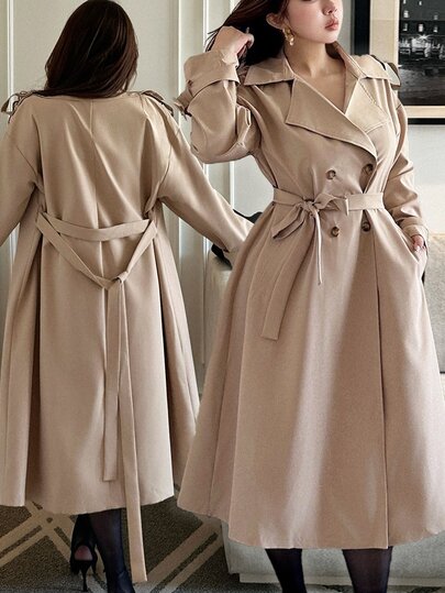 Vibekara Auralis Plus Size Women's Khaki Double-Breasted Tie-Waist Trench Coat, Casual Long Jacket For Autumn/Winter Fall