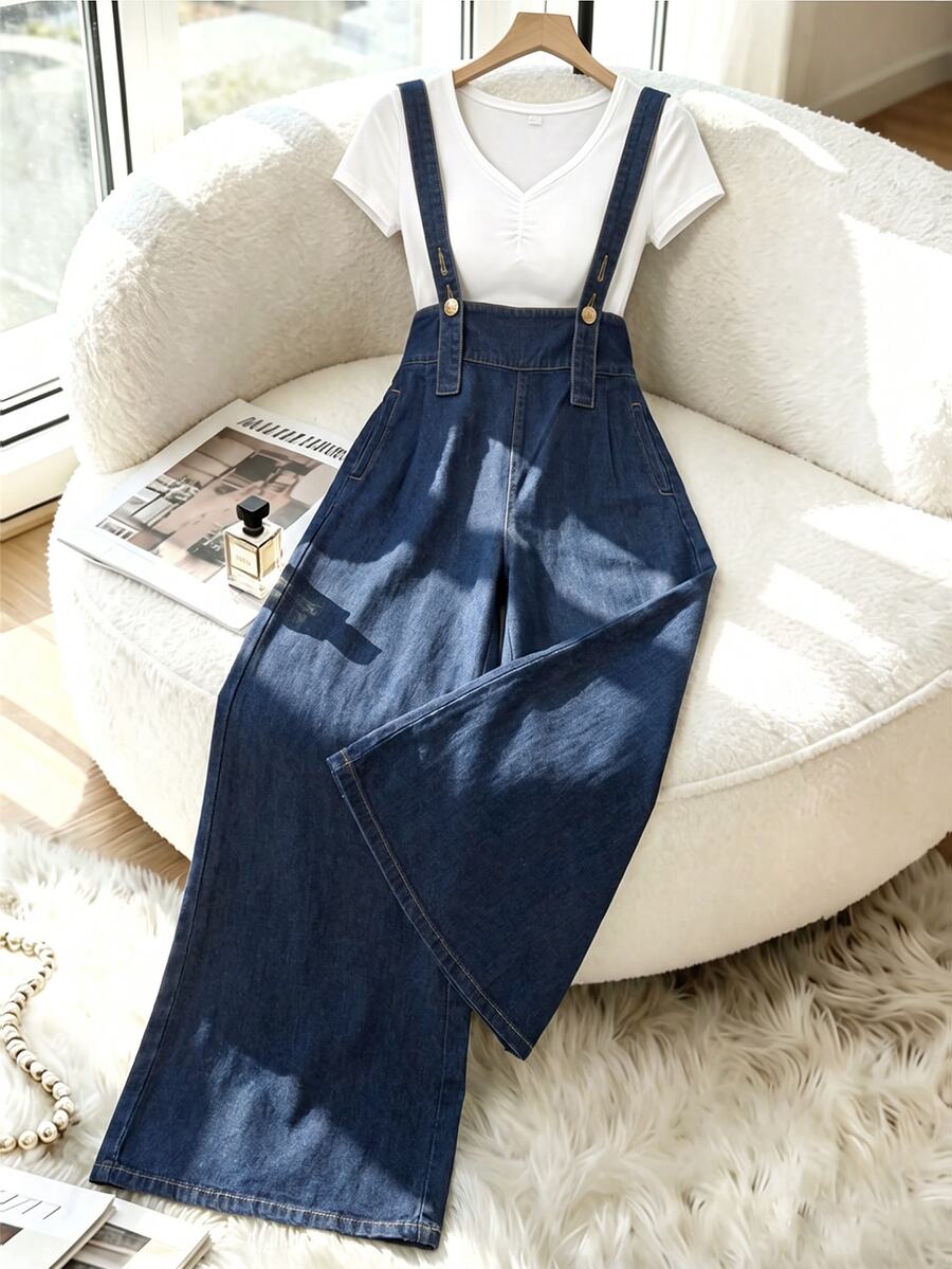 GlowEve CURVE Plus Size Street Fashion Button Denim Jumpsuit - Blue - View 1