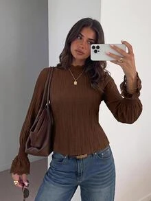 Siren Gaze Blus Lengan Lonceng Patchwork Renda Baru Musim Gugur/Dingin untuk Wanita, Cocok untuk Kantor, Warna Cokelat Kopi, Gaya Prancis Elegan - Coklat - View 1