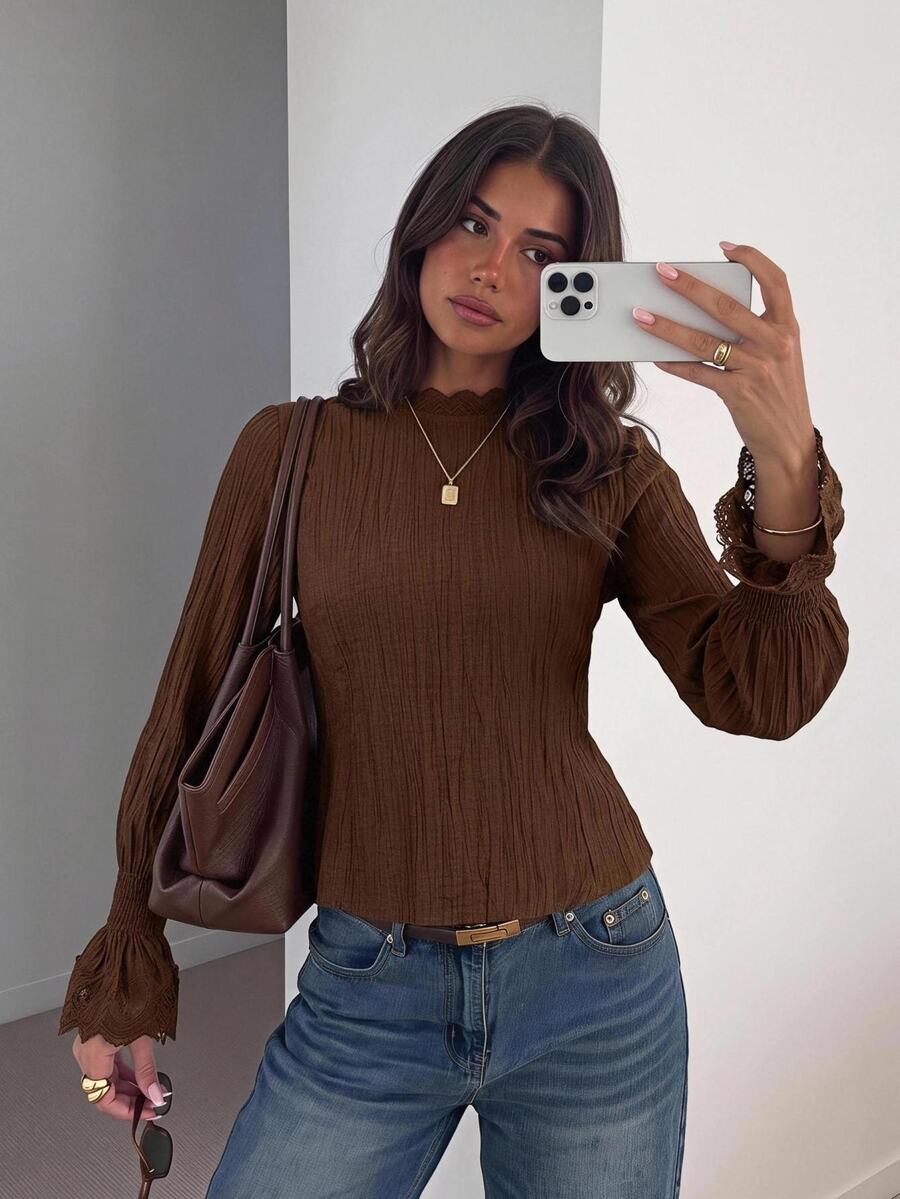 Siren Gaze Blus Lengan Lonceng Patchwork Renda Baru Musim Gugur/Dingin untuk Wanita, Cocok untuk Kantor, Warna Cokelat Kopi, Gaya Prancis Elegan - Coklat - View 1