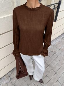 Siren Gaze Blus Lengan Lonceng Patchwork Renda Baru Musim Gugur/Dingin untuk Wanita, Cocok untuk Kantor, Warna Cokelat Kopi, Gaya Prancis Elegan - Coklat - View 5