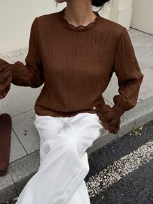 Siren Gaze Blus Lengan Lonceng Patchwork Renda Baru Musim Gugur/Dingin untuk Wanita, Cocok untuk Kantor, Warna Cokelat Kopi, Gaya Prancis Elegan - Coklat - View 4