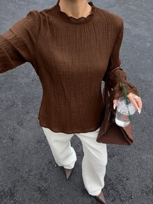Siren Gaze Blus Lengan Lonceng Patchwork Renda Baru Musim Gugur/Dingin untuk Wanita, Cocok untuk Kantor, Warna Cokelat Kopi, Gaya Prancis Elegan - Coklat - View 6