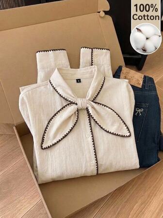 Muvela Blusa feminina solta de estilo francês elegante, emagrecimento favorecedor, bloco de cores, bordado de concha, manga comprida e gola com laço