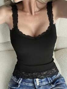 DAZY Women's Solid Color Contrast Lace Fashion Camisole Summer - Black - View 2