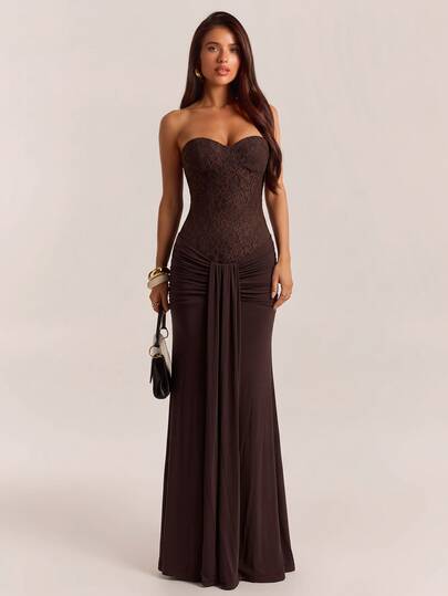 SHEIN BAE Autumn/Winter Brown Strapless Lace Patchwork Mesh Fish Tail Elegant Extra Long Dress, Party Gathering Cocktail Dress, Formal Occasion Party Dress, Wedding Bridesmaid Dress, Birthday Cocktail Dress, Party, Elegant Women's Dress