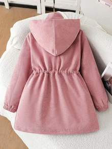 SHEIN 少女粉色燈芯絨抓絨內裡連帽拉鍊外套，寬鬆版型，口袋設計，休閒可愛日系冬季校園校外穿搭 - 粉色 - 查看 2